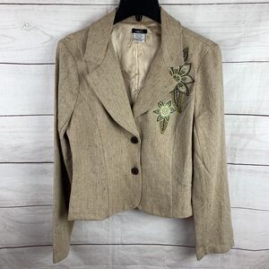 Rue21 wool tweed blazer embroidery Large 8 10 12 floral button collar Brown Art